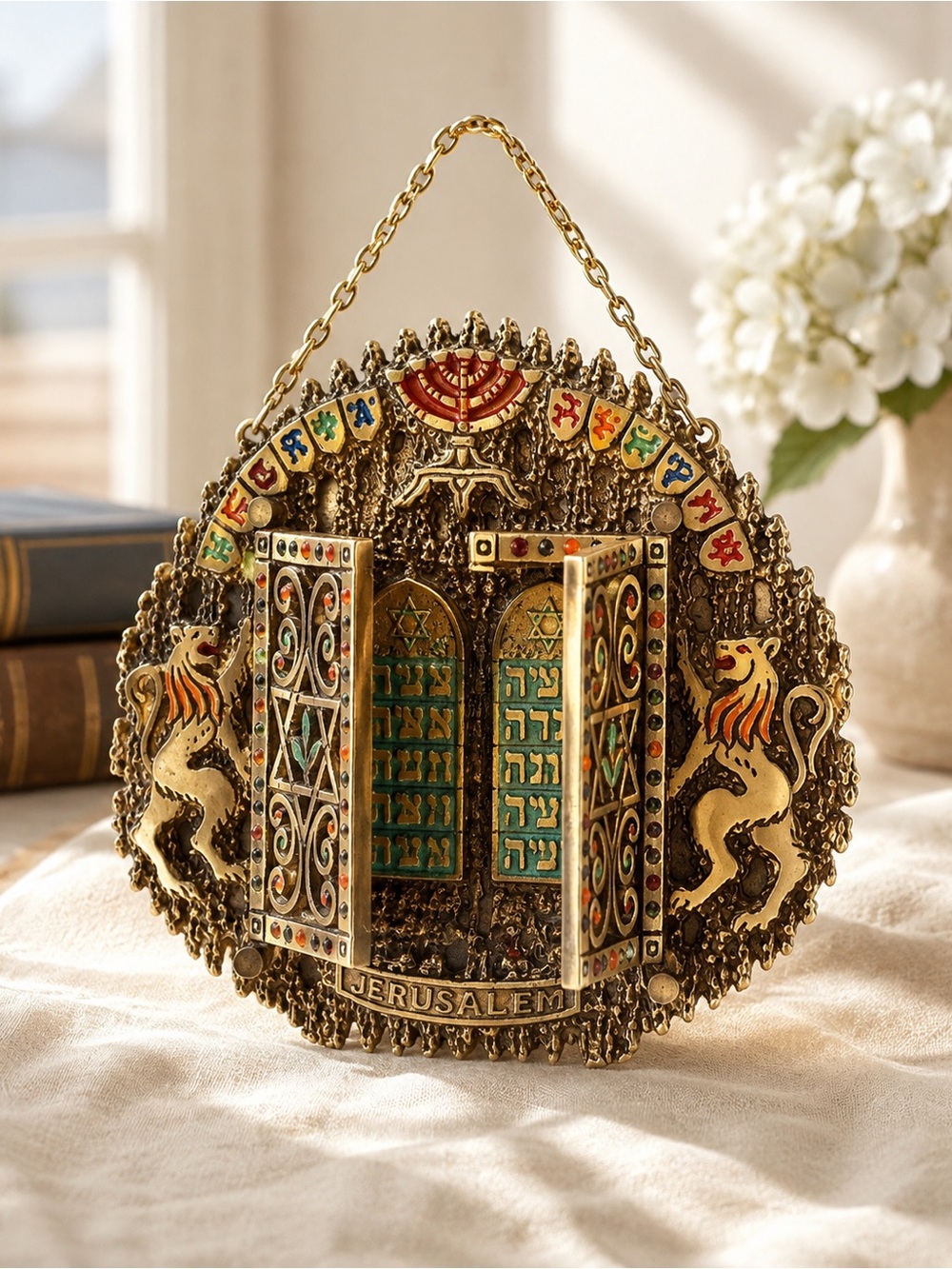Vintage Hen Holon Israel Judaica Wall Plaque | Ten Commandments Torah Ark |